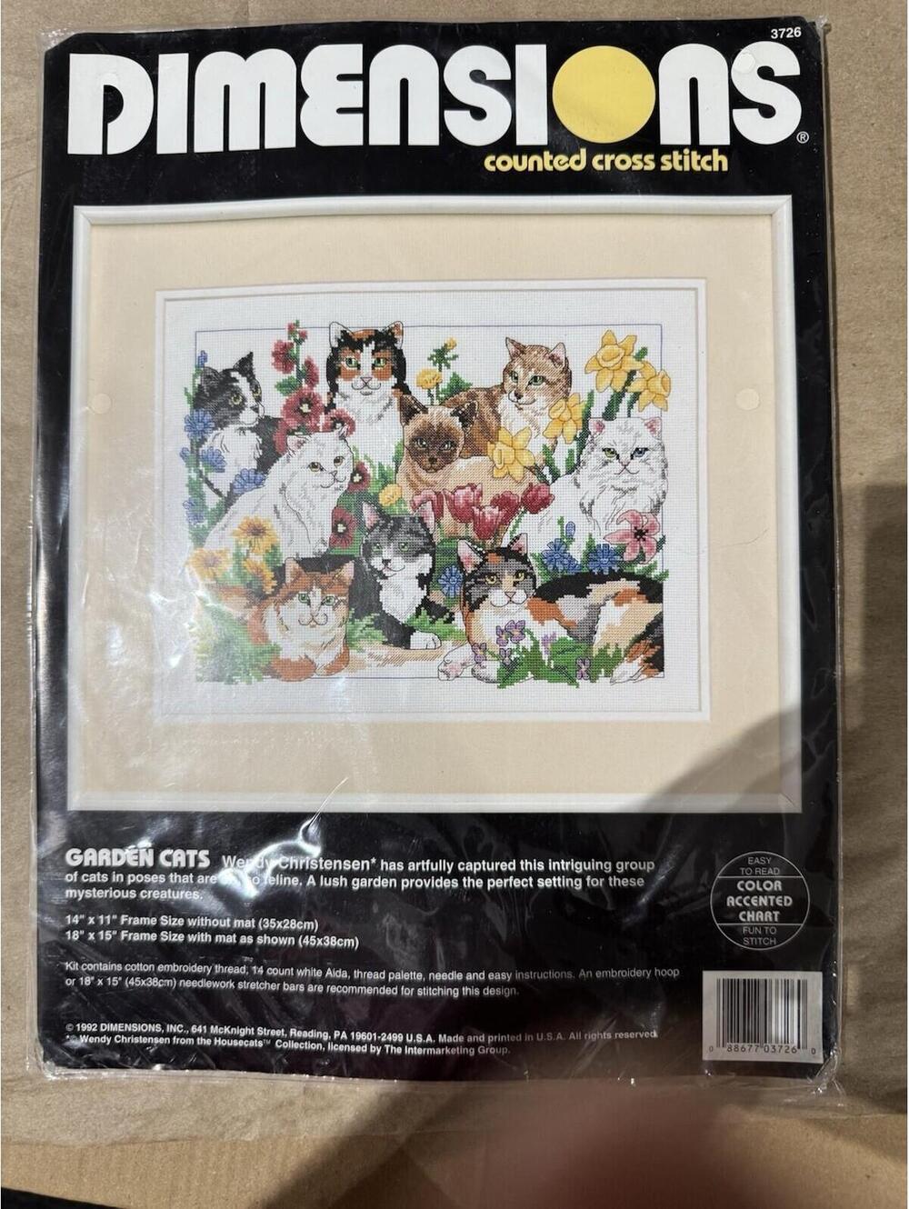 Dimensions Counted Cross Stitch Kit 3726 Garden Cats 14 Count Aida New Sealed